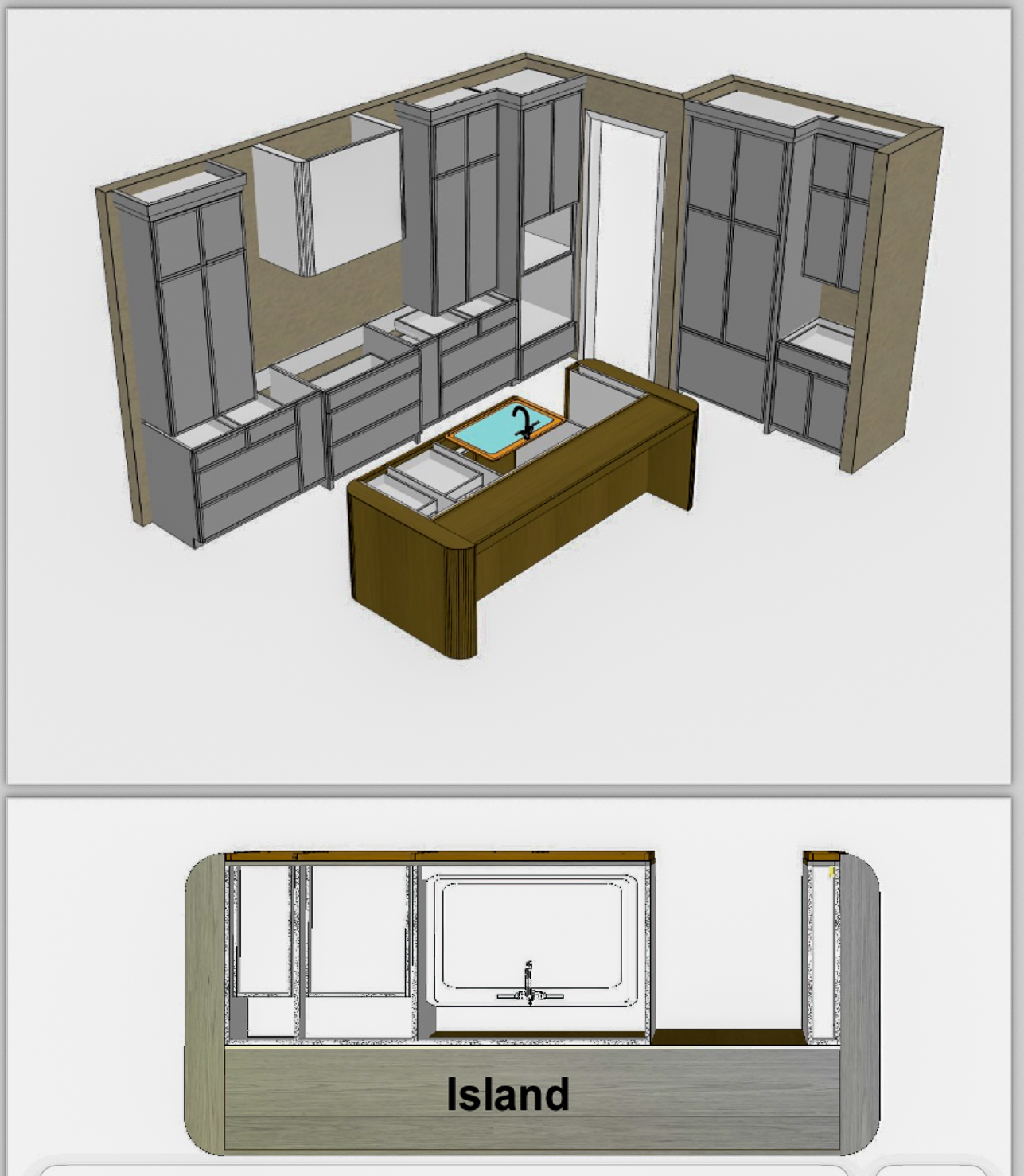 3D SketchUp rendering of custom kitchen cabinetry layout and island design for new construction luxury home — Hammer Home Group