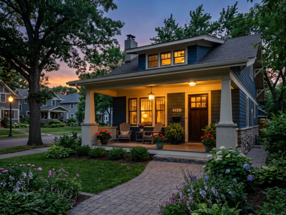 Craftsman style bungalow with lit porch and landscaped garden at dusk