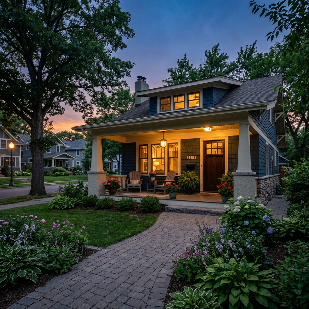 Craftsman style bungalow with lit porch and landscaped garden at dusk