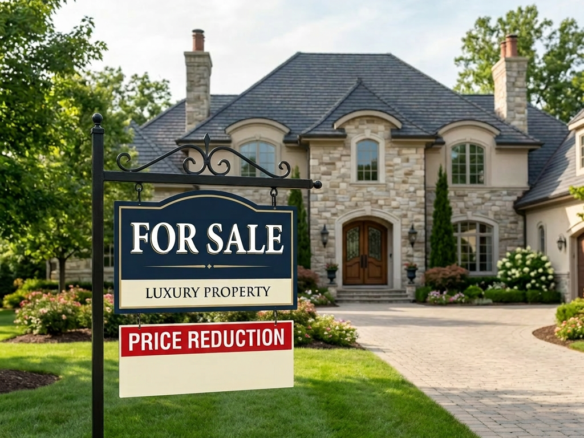 For sale sign in front of a luxury stone house with manicured lawn