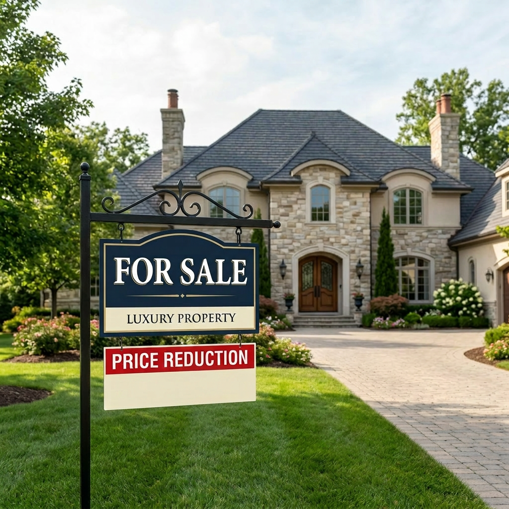 For sale sign in front of a luxury stone house with manicured lawn