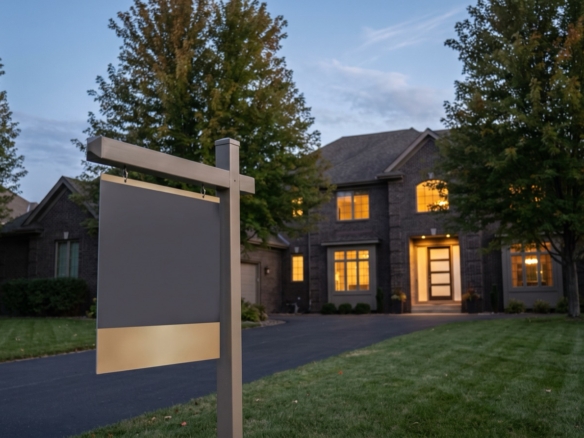 A Coming Soon real estate sign in the yard of an upscale Twin Cities home at dusk, before showings begin.