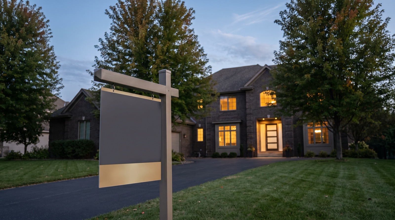 A Coming Soon real estate sign in the yard of an upscale Twin Cities home at dusk, before showings begin.