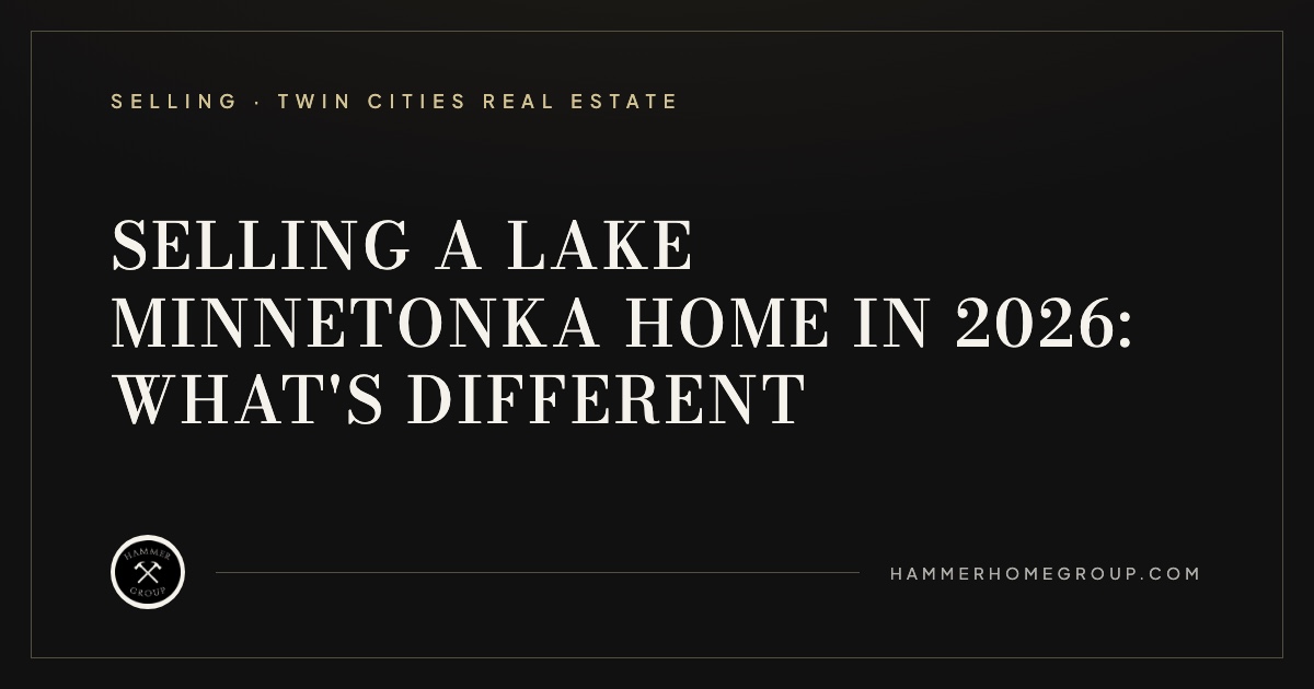 Aerial view of a luxury Lake Minnetonka lakefront home with private dock extending into calm water at golden hour