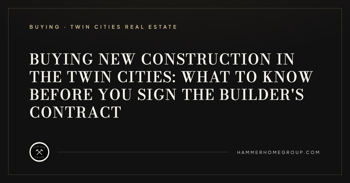 Newly built two-story luxury home under construction in a west-metro Twin Cities neighborhood at golden hour, framing and finished facade, no people
