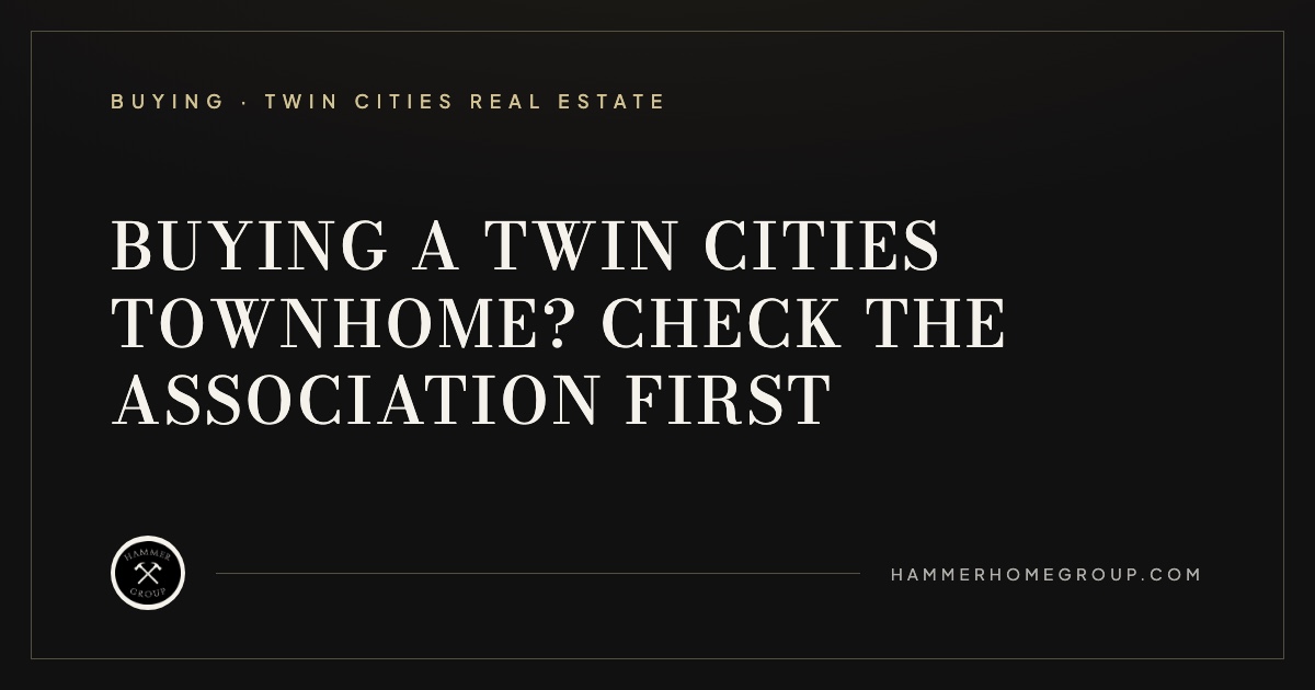 Row of single-level association-maintained townhomes in a Twin Cities west metro neighborhood at dusk