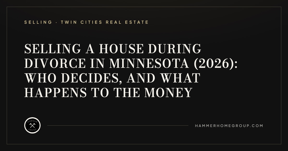 Calm, empty upscale Twin Cities living room at dusk with a few moving boxes, evoking selling a house during divorce in Minnesota.