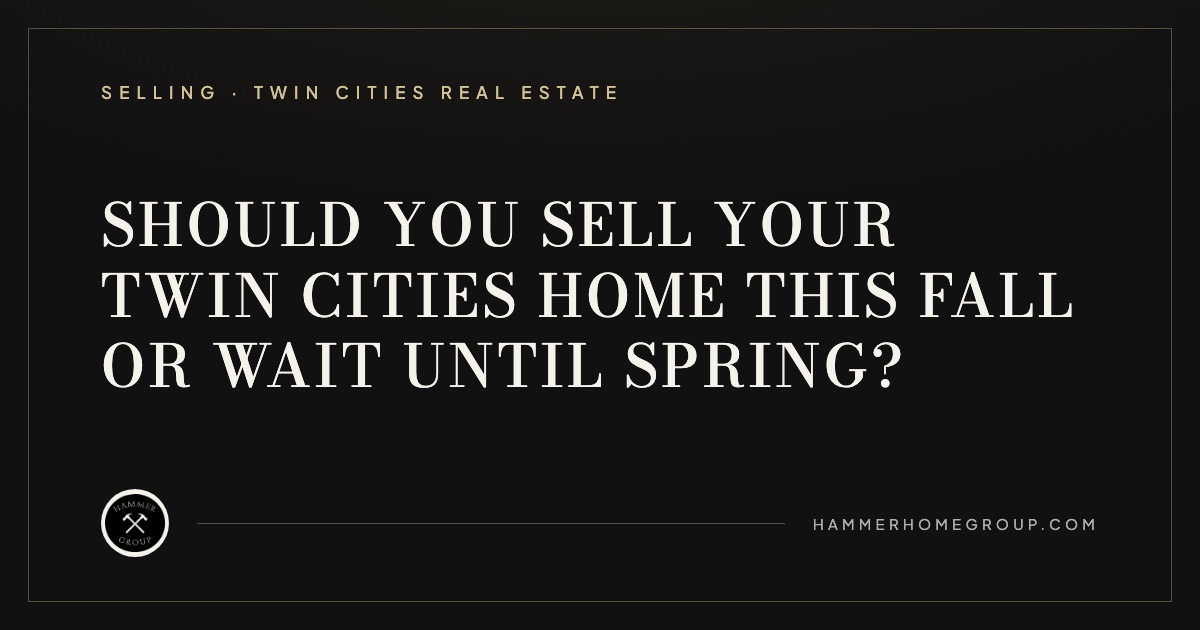 Twin Cities two-story home with a for-sale sign on a tree-lined street in early fall, illustrating the sell now or wait until spring decision