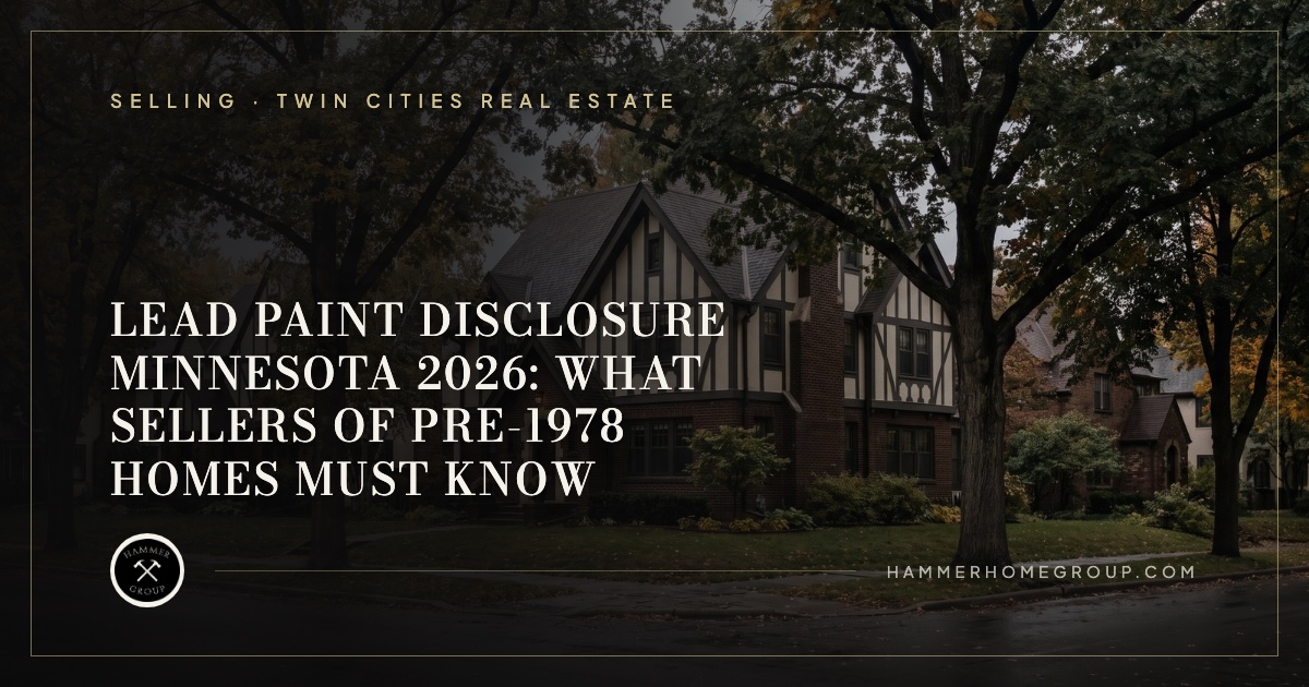 Century-old Tudor-style home exterior in a Twin Cities neighborhood, representing older houses subject to lead paint disclosure Minnesota rules due to pre-1978 construction