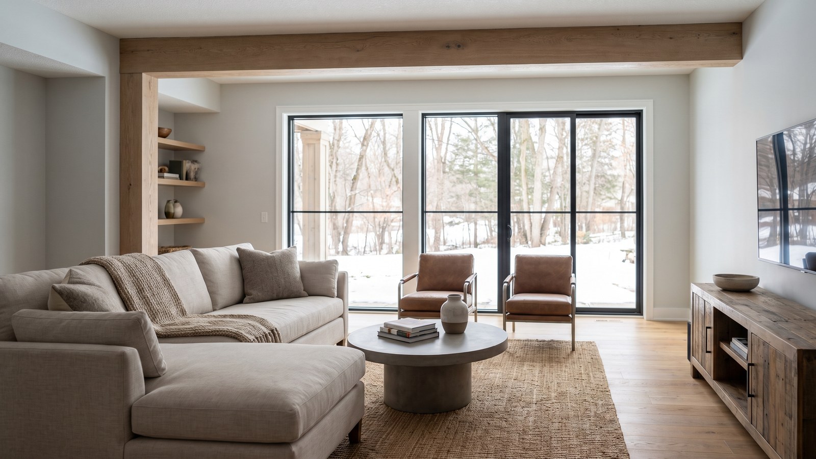 Finished basement family room in a Twin Cities home, representing the lower-level spaces where radon disclosure Minnesota testing typically occurs before a home sale
